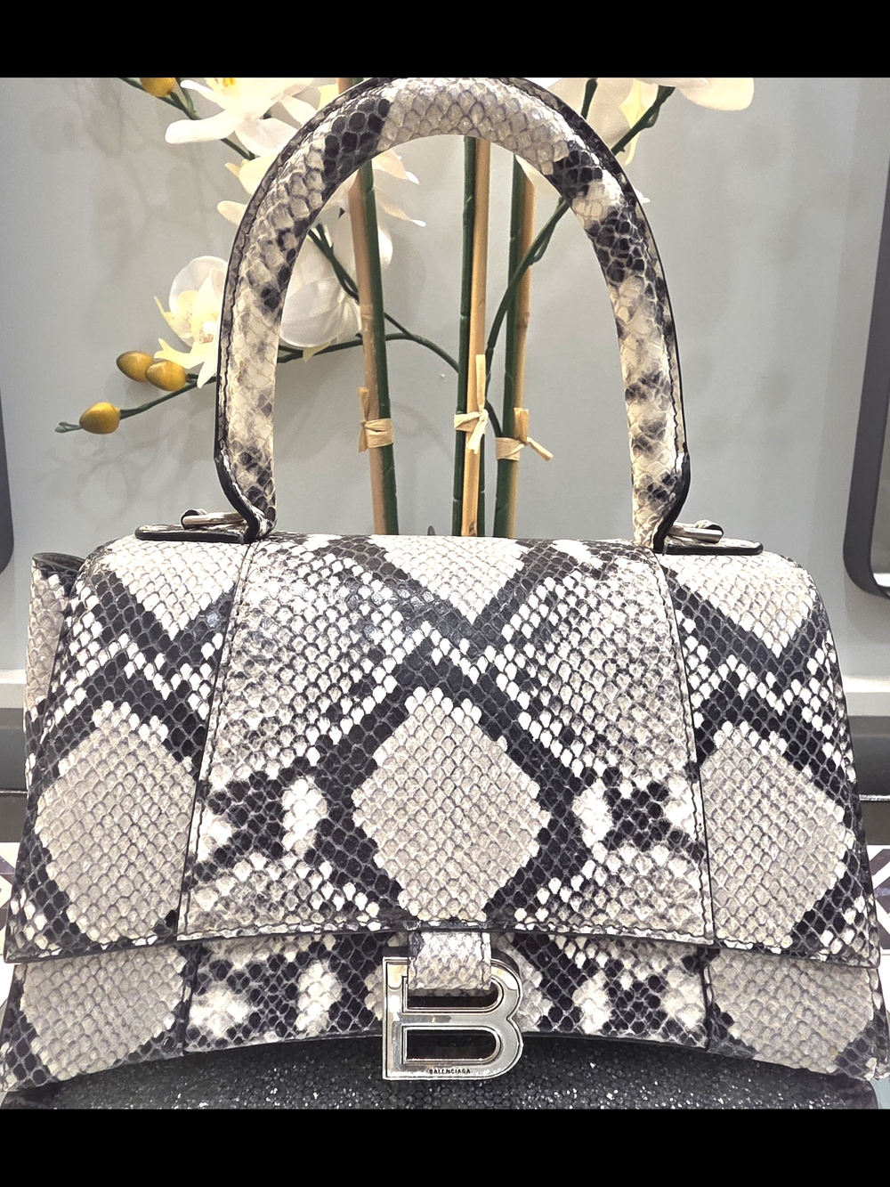 Balenciaga Black and Gray Python-Print Top Handle Satchel
